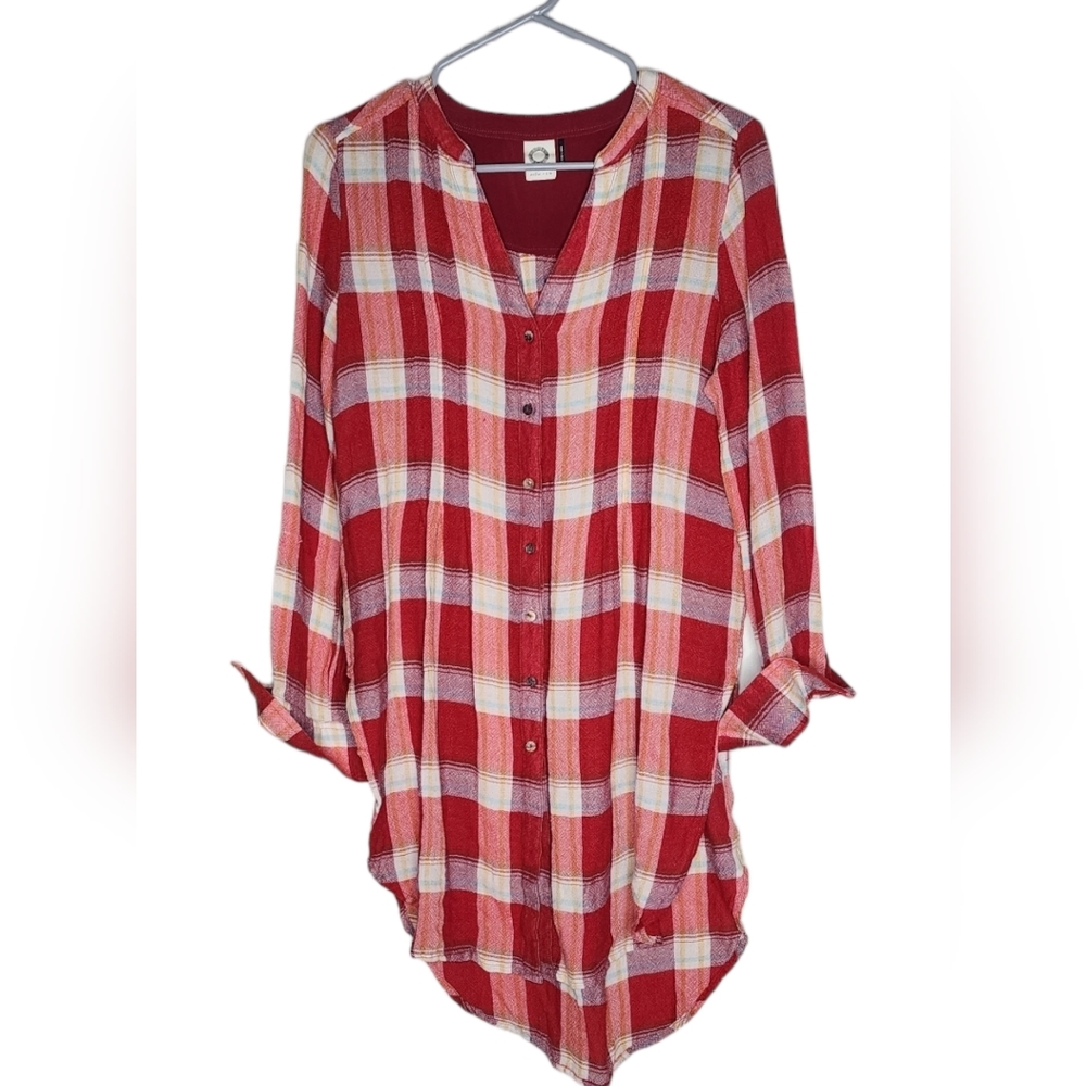 Anthropologie Akemi + Kin Lucie RedPlaid Long boho Tunic Top Blouse, Size XS - Picture 2 of 10